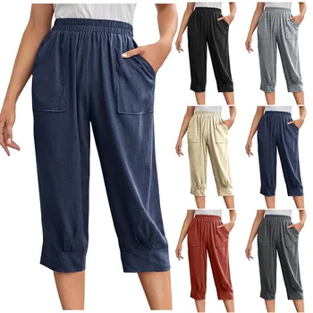 Новые короткие брюки для женщин, Модные хлопчатобумажные и льняные брюки, свободные повседневные капри с эластичным поясом и карманами, винтажные брюки Pantalones