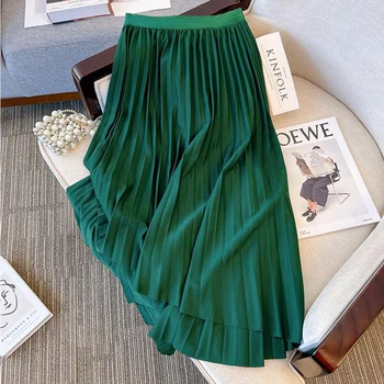 Повседневная плиссированная юбка миди TIGENA для женщин 2023, осень-зима, Модная длинная юбка трапециевидной формы с неровным подолом и высокой талией, женская, зеленая