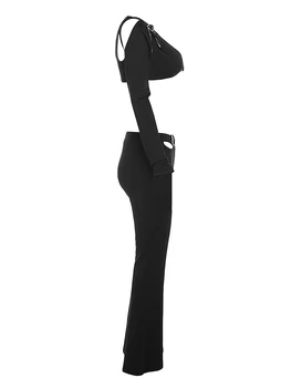 Женская одежда из 2 предметов, укороченные топы с V-образным вырезом и длинными рукавами и брюки-клеш, уличная эстетичная одежда
