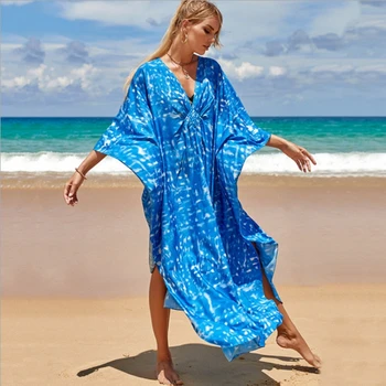 Бикини Cover up 2023, Длинное Платье-Кафтан с V-образным вырезом, Женское Пляжное Платье Cover-up, Сексуальное Свободное Летнее Платье Макси, Халат BeachwearTunic