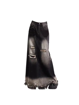 Женская Черная Готическая Рваная юбка Y2k, Элегантная Уличная Длинная юбка Трапециевидной формы Harajuku, Корейская Винтажная Юбка 90-х С Высокой талией, Одежда
