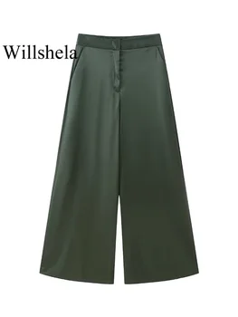 Willshela, Женские модные атласные Зеленые Широкие брюки на молнии спереди, винтажные женские шикарные брюки полной длины с высокой талией