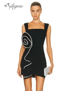 Ailigou 2023, Новое женское черное Сексуальное плиссированное платье с цветочным рисунком, квадратный вырез, Без рукавов, Элегантное Вечернее бандажное платье для банкета в формальном стиле.