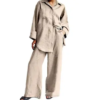 Женские Хлопчатобумажные льняные костюмы 2023 года, Элегантная однотонная рубашка с длинным рукавом, Широкие брюки, Комплект из двух предметов, Женские повседневные прямые брючные костюмы