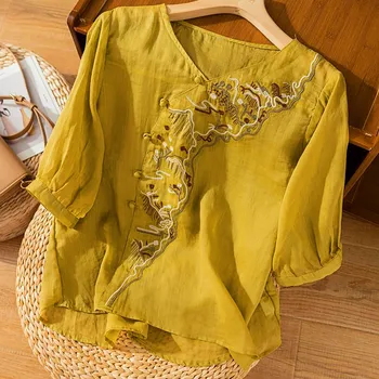 Осенняя блузка, Традиционная китайская одежда, женская одежда, топ с коротким рукавом, свободный костюм Hanfu Tang, литературная футболка с круглым вырезом, 2023 г.