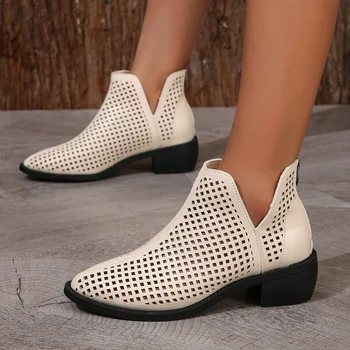 Женская обувь в продаже 2023 г. Высококачественные женские ботинки с закрытым носком Осенняя дышащая обувь Женская на молнии на массивном каблуке