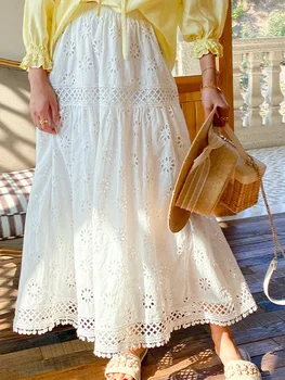2022 Новая женская кружевная хлопковая юбка трапециевидной формы с высокой талией, женская длинная белая юбка