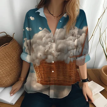 Женская весенне-осенняя новая рубашка, офисная повседневная рубашка, модная универсальная рубашка на пуговицах с лацканами, рубашка с длинными рукавами с 3D-принтом