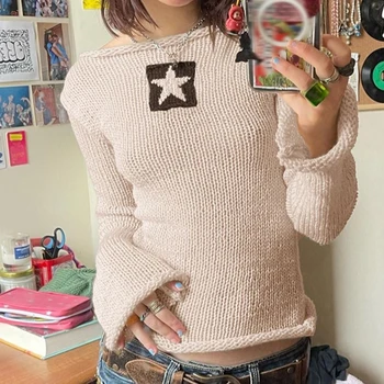 Женский свитер Fairycore y2k 2000-х годов с принтом звезды, с открытыми плечами, расклешенный пуловер с длинным рукавом, Вязаная одежда, Одежда в стиле гранж, Уличная одежда
