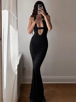 Макси-платье без рукавов с глубоким V-образным вырезом и отверстием из хрусталя, лето 2023, женское Сексуальное платье Y2K для вечеринок, Классическое для выпускного вечера, придающее форму телу