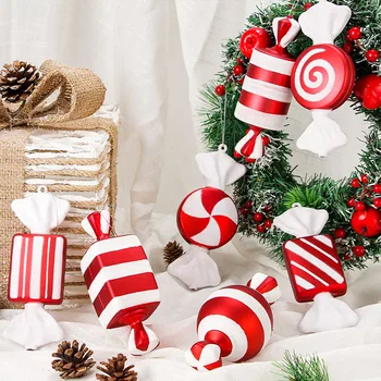 Рождественская подвеска в виде конфет 15 см, красно-белая, расписанная ПВХ Рождественская елка, Подвесные украшения, Декор для рождественской домашней вечеринки, Подарки для детей