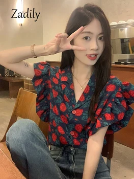 Zadily 2023 Летняя Винтажная Женская рубашка с летящим рукавом с цветочным принтом в Корейском стиле, женская блузка на пуговицах, женская одежда