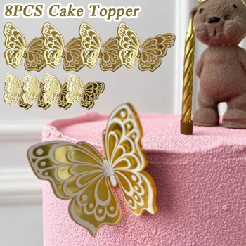 Акриловый топпер для торта с бабочкой, 3D Золотая полая бабочка, декор для торта на день рождения, Свадебная вечеринка, декор для торта, декор для детского душа, Десертные декоры