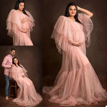 Розовое платье для беременных большого размера с рюшами для фотосессии, плиссированный тюль, Летняя пижама, ночные рубашки для беременных, Женское белье, халат