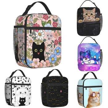 Ланч-бокс Black Cat, забавная кошачья сумка для ланча для детей, девочек-подростков, женщин, взрослых, сумка-холодильник, изолированная цветочная сумка для ланча для школы, работы, путешествий