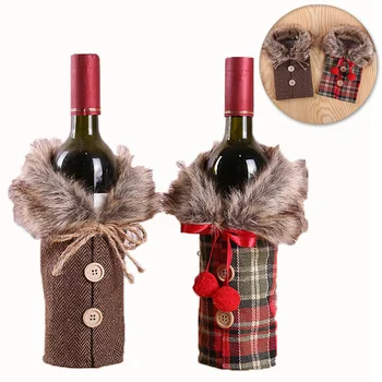 Рождественские чехлы для бутылок красного вина, сумки, Праздничный бант, льняной воротник, крышка для бутылок красного вина, Рождественские украшения для стола для дома