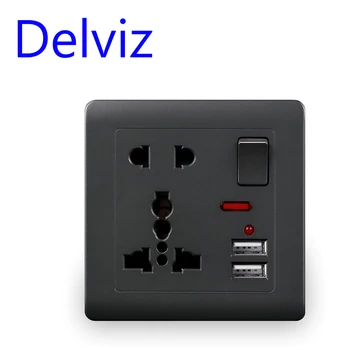 Настенная розетка USB стандарта ЕС Delviz, Серая розетка управления переключателем, Двойная зарядка через USB 2A, Универсальная розетка переменного тока 110 ~ 250V 13A