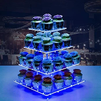 4-Ярусная подставка для кексов, акриловая подставка для кексов, башни для подачи десертов со светодиодной подсветкой для свадеб (теплый свет)