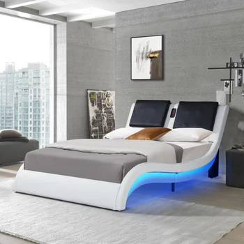 Каркас кровати на платформе, обитый искусственной кожей, со светодиодной подсветкой, подключением Bluetooth для воспроизведения музыки /управлением RGB