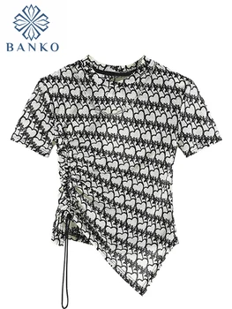 Новый дизайн, футболки в клетку Y2k, женский укороченный топ с круглым вырезом и коротким рукавом, Корейская мода, нерегулярный шнурок, высокие уличные облегающие футболки