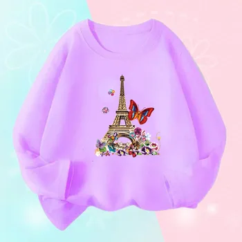 Модная футболка с принтом Эйфелевой башни для девочек, весенне-осенние хлопковые топы, футболки, повседневные милые базовые футболки с длинным рукавом