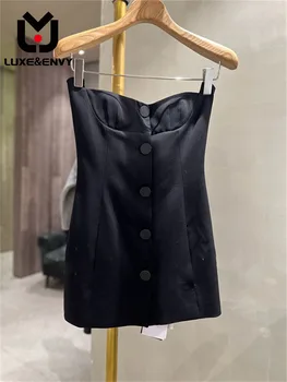 LUXE & ENVY Market 2023 Летняя Новая черная сексуальная облегающая футболка на пуговицах для женщин