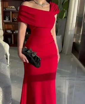 Красные элегантные вечерние платья Русалка с открытыми плечами, платья для выпускного вечера, плиссированное вечернее платье без рукавов длиной до пола