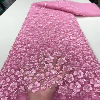 Вышивка из кружевной ткани фабрики Гуанчжоу, мелкий цветок, высококачественная вышивка бисером в европейском и американском стиле, блестки розового цвета