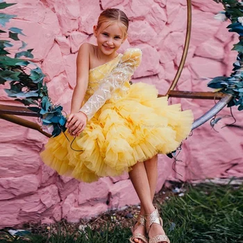 Желтое платье ручной работы на одно плечо для девочки-цветочницы, платье-пачка из тюля с блестками, платье для первого причастия, детское платье на день рождения, детское платье с бантом