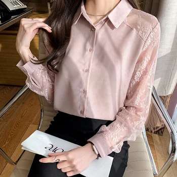 Женская офисная блузка с длинным рукавом, кружевным цветочным принтом, Розовый топ Y2k, Женская рубашка в корейском стиле, Черные блузки, осенний топ