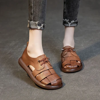 Женские сандалии на плоской подошве 2023, летняя женская обувь ручной работы из натуральной кожи, женские летние сандалии в стиле ретро, нескользящая женская обувь