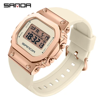 SANDA Brand New Upgrade Watch Женские Металлический корпус Силиконовый ремешок 50 м Водонепроницаемые женские часы Цифровые часы Relogio Feminino