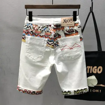 Летние тонкие шорты с вышивкой, мужские джинсовые брюки с пятью точками, белые трендовые эластичные брюки бренда tide с индивидуальными вставками