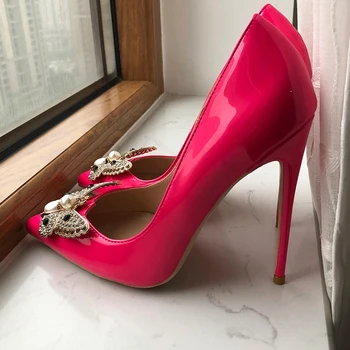 Женская обувь с блестящей Бабочкой Розового Цвета С Острым Носком 8 см 10 см 12 см На Высоком Каблуке Для Свадебной вечеринки Элегантные Женские Туфли-лодочки на шпильке