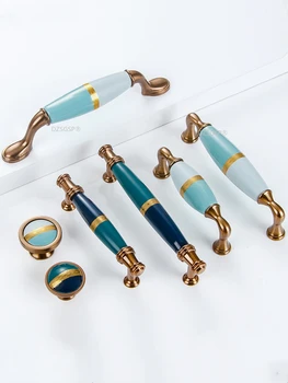 Ручка в европейском стиле Ручки для выдвижных ящиков кухонного шкафа, мебельные ручки из светлой роскошной керамики Синего/золотистого цвета, Дверная ручка американского шкафа
