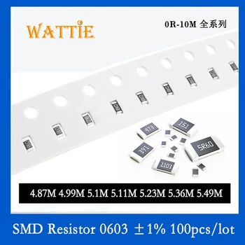 SMD резистор 0603 1% 4,87 М 4,99 М 5,1 М 5,11 М 5,23 М 5,36 М 5,49 М 100 шт./лот микросхемные резисторы 1/10 Вт 1,6 мм *0,8 мм