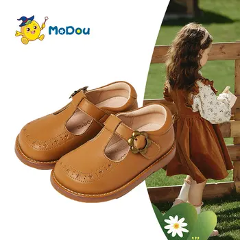 Детская кожаная обувь Mo Dou 2023, Осенняя новинка для девочек, мягкая подошва, удобный дышащий модный каблук с застежкой на крючок и петлю