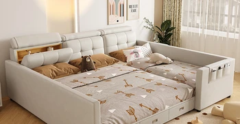 Семейная кровать, современное и простое соединение, большая кровать, ткань без технологии стирки, семейная кровать для четырех родителей и ребенка