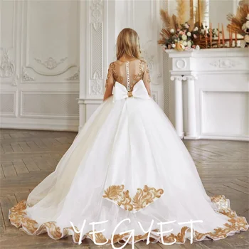 Роскошные белые платья с блестками для девочек в цветочек для свадьбы, платья для первого причастия с длинными рукавами и круглым вырезом с бантом
