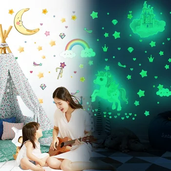 [Украшения для дома] YGP Сине-зеленый светящийся замок единорога XINGX, светящиеся наклейки на стену, декоративная наклейка для детской комнаты Self-A
