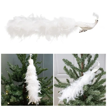 Искусственные белые Павлины, украшения для Рождественской елки, Фигурка птицы с длинным хвостом, настоящие натуральные перья, домашний декор для вечеринки