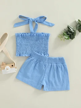 Милый и стильный летний комплект одежды для маленьких девочек с однотонной укороченной майкой без рукавов и шортами-бантиками, брюки - 2 шт. в комплекте