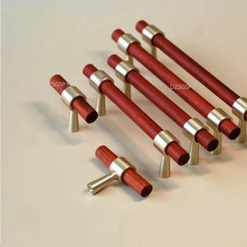 Дверные ручки с т-образной планкой Мебельная деревянная ручка из светлой роскошной латуни + массив розового дерева Выдвижные ящики для кухонных шкафов и ручки