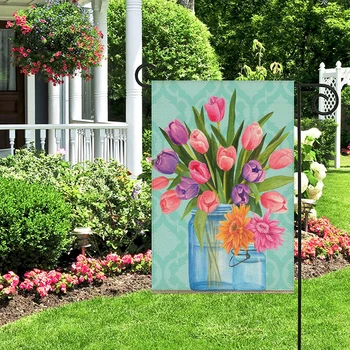 1 шт. ваза с рисунком тюльпана Льняной хлопковый садовый флаг Баннер для внутреннего и наружного домашнего сада Подвесной декор