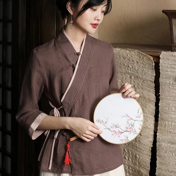 Женские куртки Hanfu Zen Tea Tang династии Тан Традиционная китайская одежда Блузка Чонсам Ципао Льняные этнические топы Рубашки