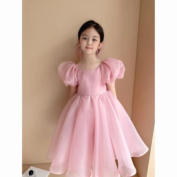 Детское Розовое сетчатое платье с пышными рукавами для малышей, милые длинные вечерние платья для девочек, наряды для девочек