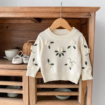 Осенне-зимняя детская одежда, свитера для маленьких девочек, хлопковый высококачественный объемный вязаный крючком свитер с цветочным рисунком