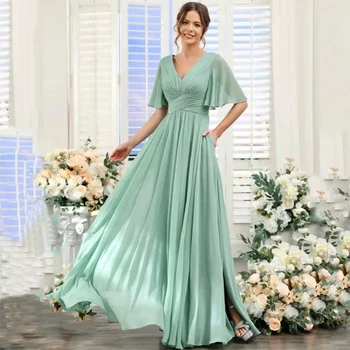 Классические платья подружек невесты Litter Greem, Элегантная юбка трапециевидной формы с короткими рукавами и шлейфом, V-образный вырез, юбка с разрезом, женское вечернее платье для вечеринки