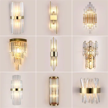 Светодиодный настенный светильник из прозрачного хрусталя, лампа E14, настенные светильники из нержавеющей стали для фойе, спальни, прохода, столовой, золотые, черные бра