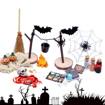 Миниатюрная сцена Кукольного домика на Хэллоуин, 27 предметов, Тыквенные Черепа, Головы, Фигурки Летучей мыши, Мини-Кукольный домик с садовым пейзажем на Хэллоуин